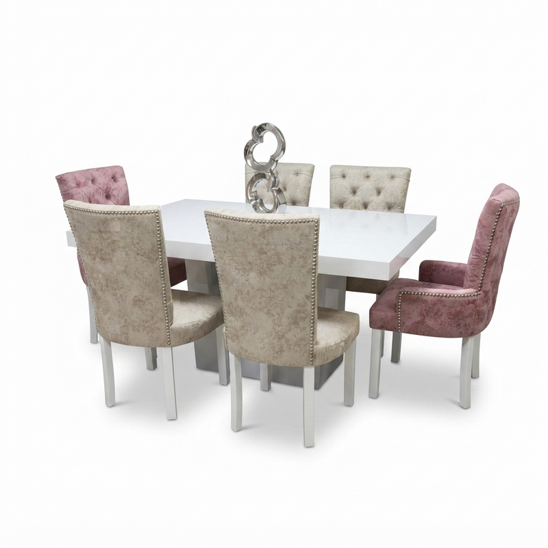 Comedor Blossom — Mesa Blanca 6 Puestos Crema y Rosa