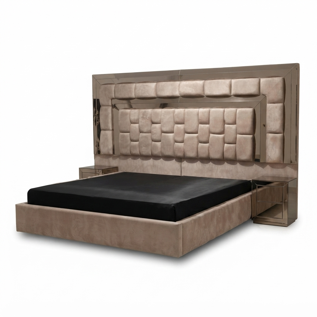 Cama King Onyx Reflex — Terciopelo Taupe con Espejo