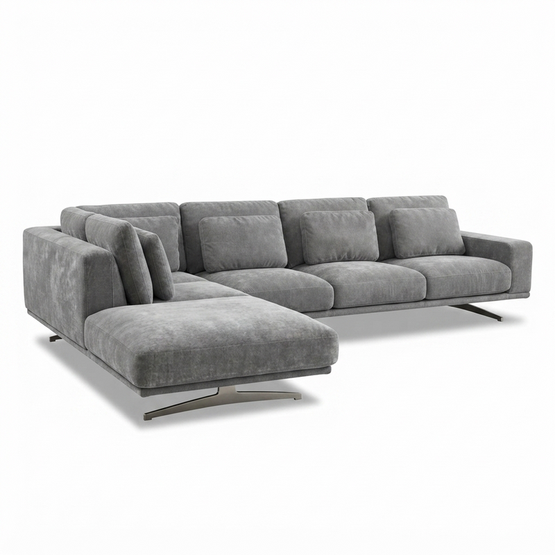 Sofá Chaise Milano — Tela Gris Base Cromada
