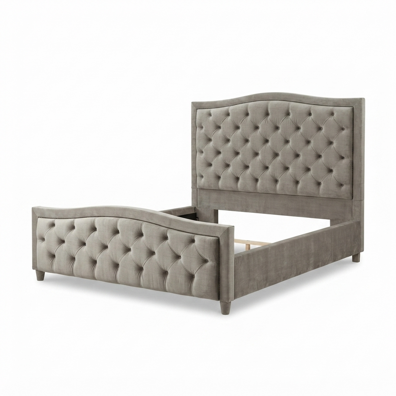 Cama Duquesa — Terciopelo Gris Capitoné
