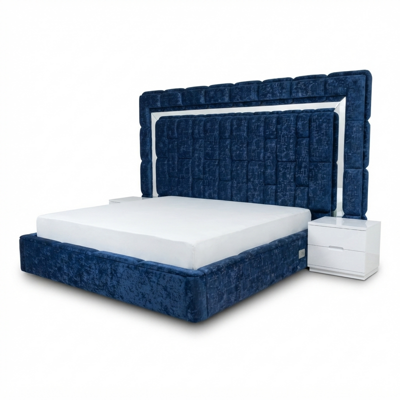 Cama King Sapphire — Terciopelo Azul con Espejo