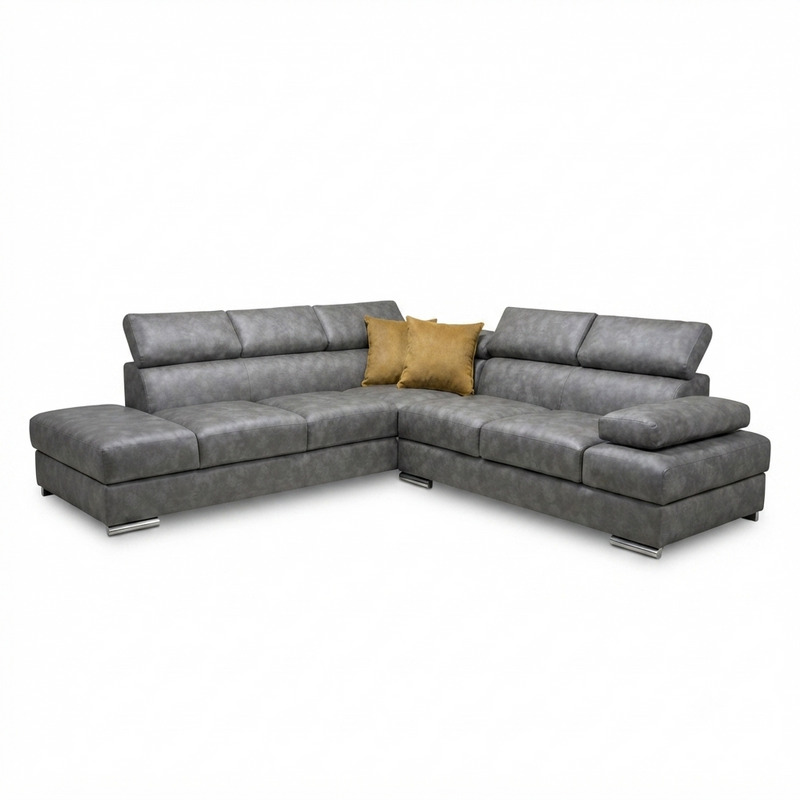 Sofá Esquinero Nordvik — Cuero Gris con Cabeceras Ajustables
