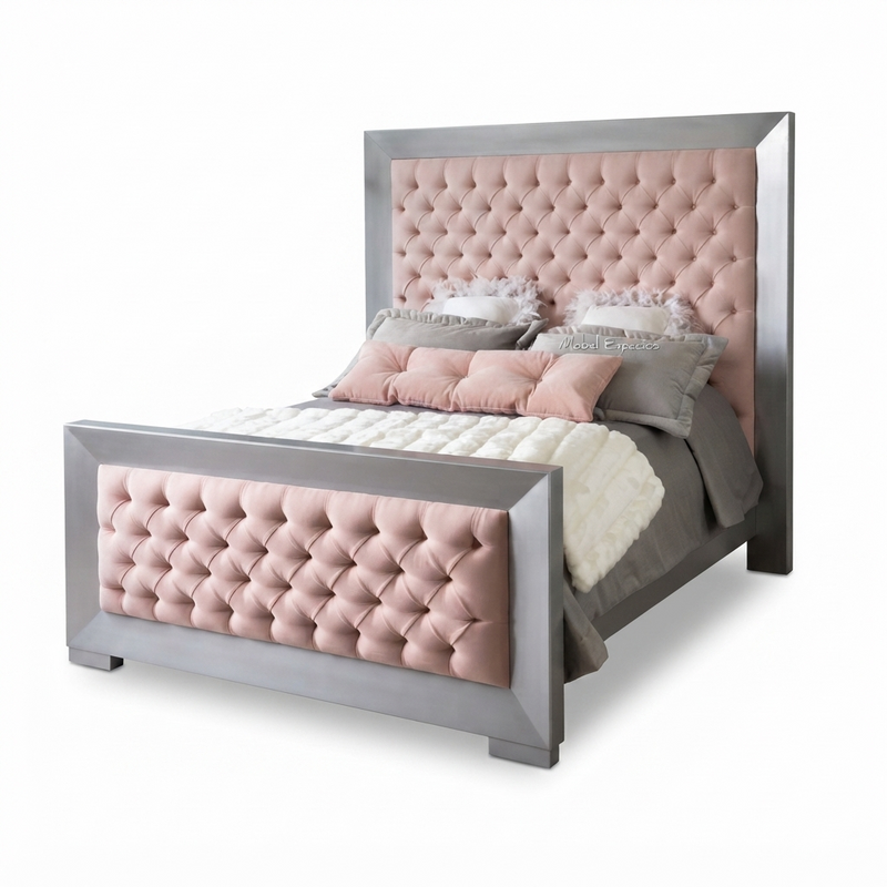 Cama Blush — Capitoné Rosa con Marco Plateado
