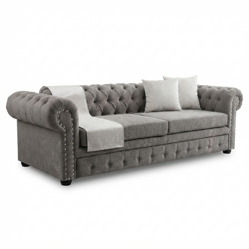 Sofá Chesterfield Ashford — Terciopelo Gris con Manta