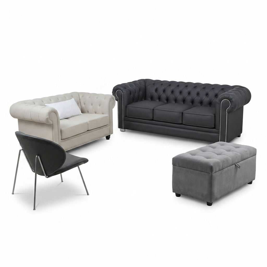 Set Chesterfield Windsor — 4 Piezas Beige, Negro y Gris