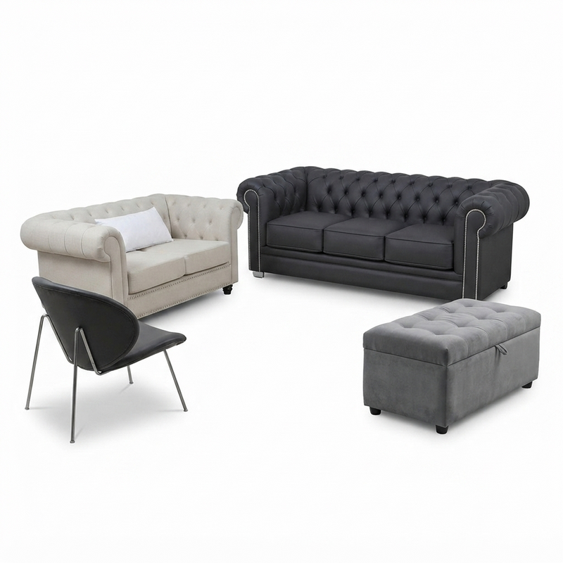 Set Chesterfield Windsor — 4 Piezas Beige, Negro y Gris