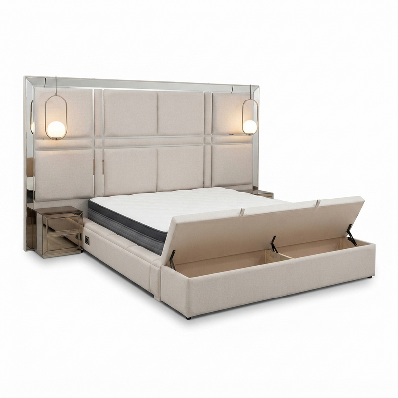 Cama King Ámbar Suite — Lino Beige con Baúl y Luces