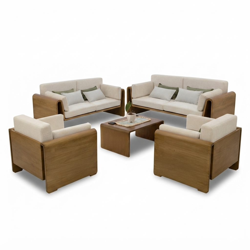 Set Living Roble — Madera y Tela Crema