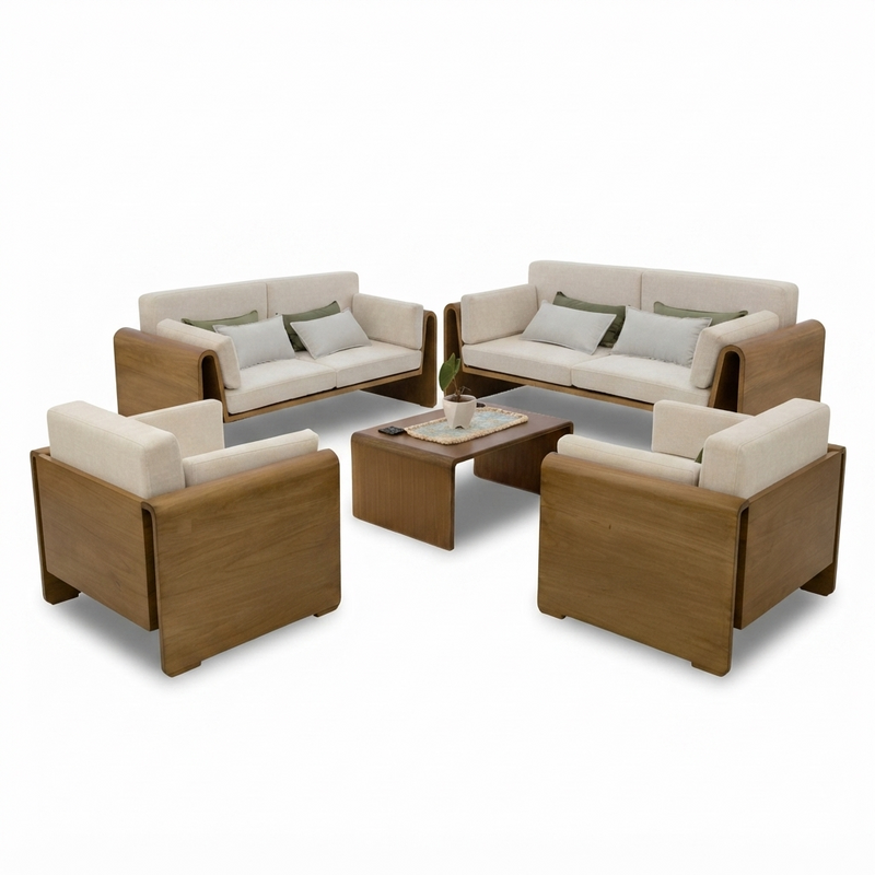 Set Living Roble — Madera y Tela Crema
