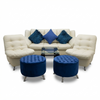 Set Living Cristal — Cuero Crema con Puffs Azul Rey