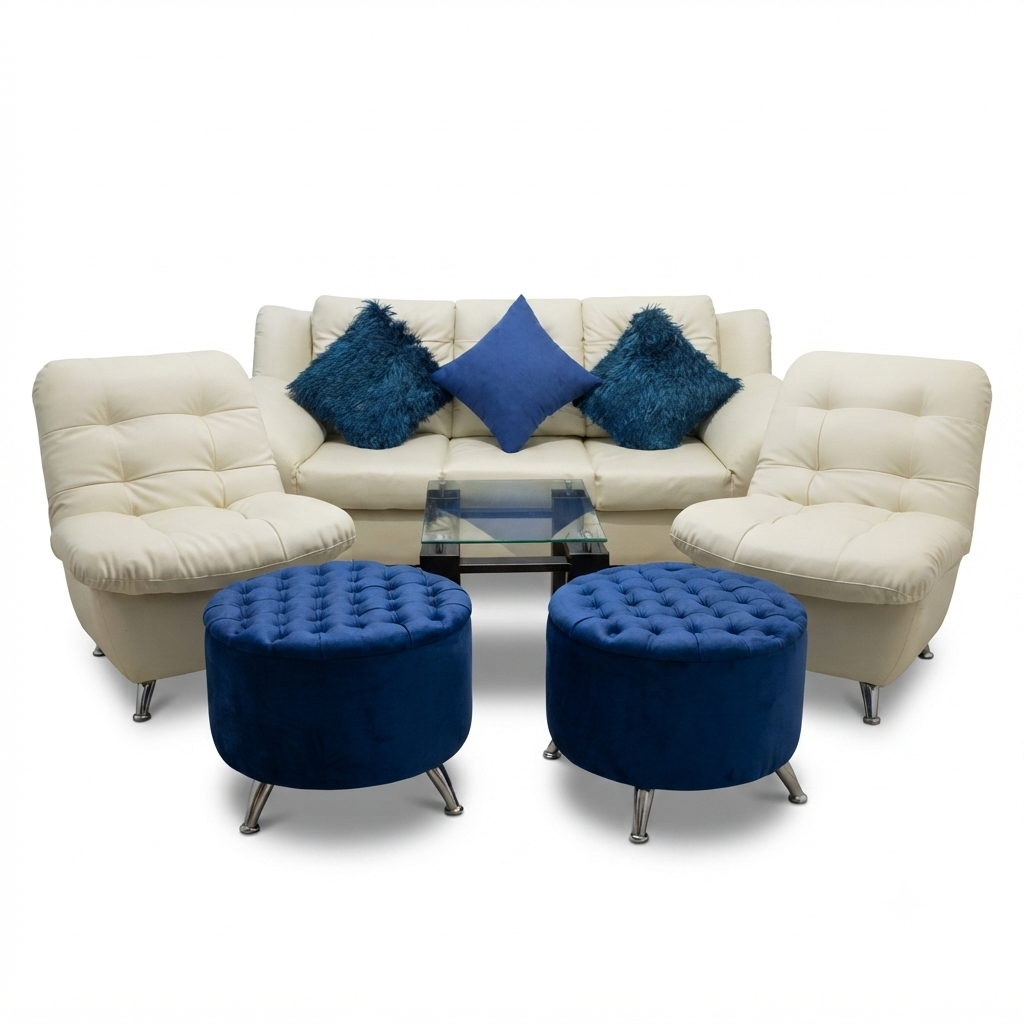 Set Living Cristal — Cuero Crema con Puffs Azul Rey