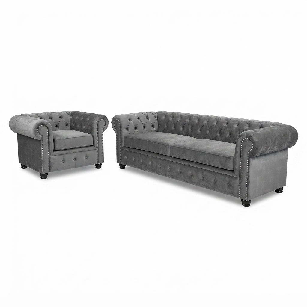 Juego de Sala Chesterfield Graphite — Terciopelo Gris