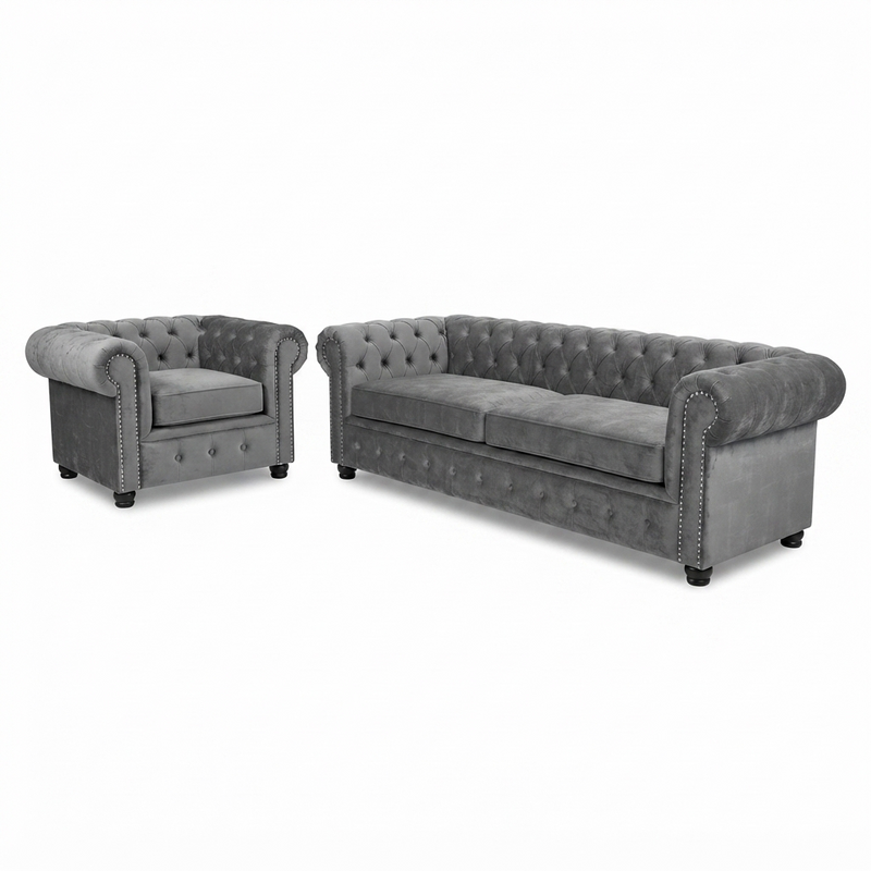 Juego de Sala Chesterfield Graphite — Terciopelo Gris